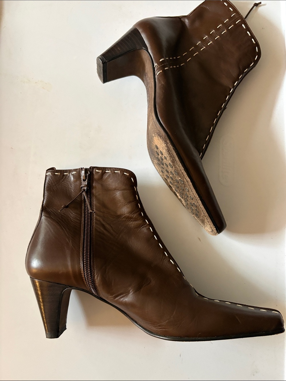 Donald J. Pliner Brown Leather Ankle Boots with Contrast Stitching - Picture 5 of 14